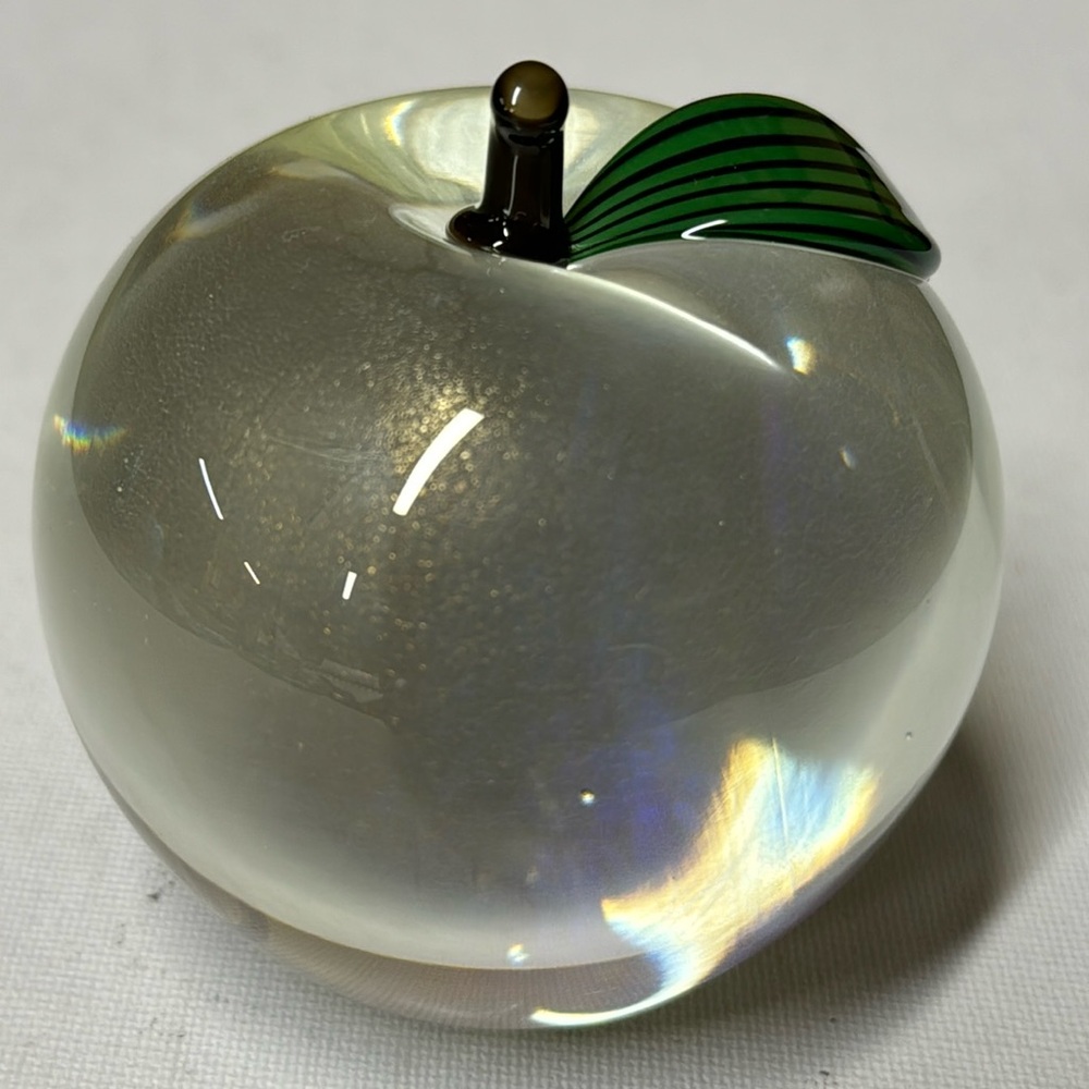 Orient & Flume Signed Art Glass Apple Paperweight gold flecks and glow